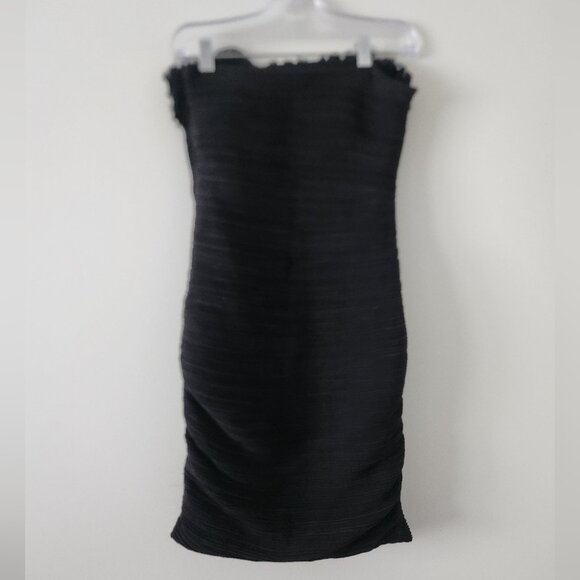 ROMEO & JULIETTE | strapless ruched dress bodycon ruffles lace flower black sz S - Picture 6 of 8